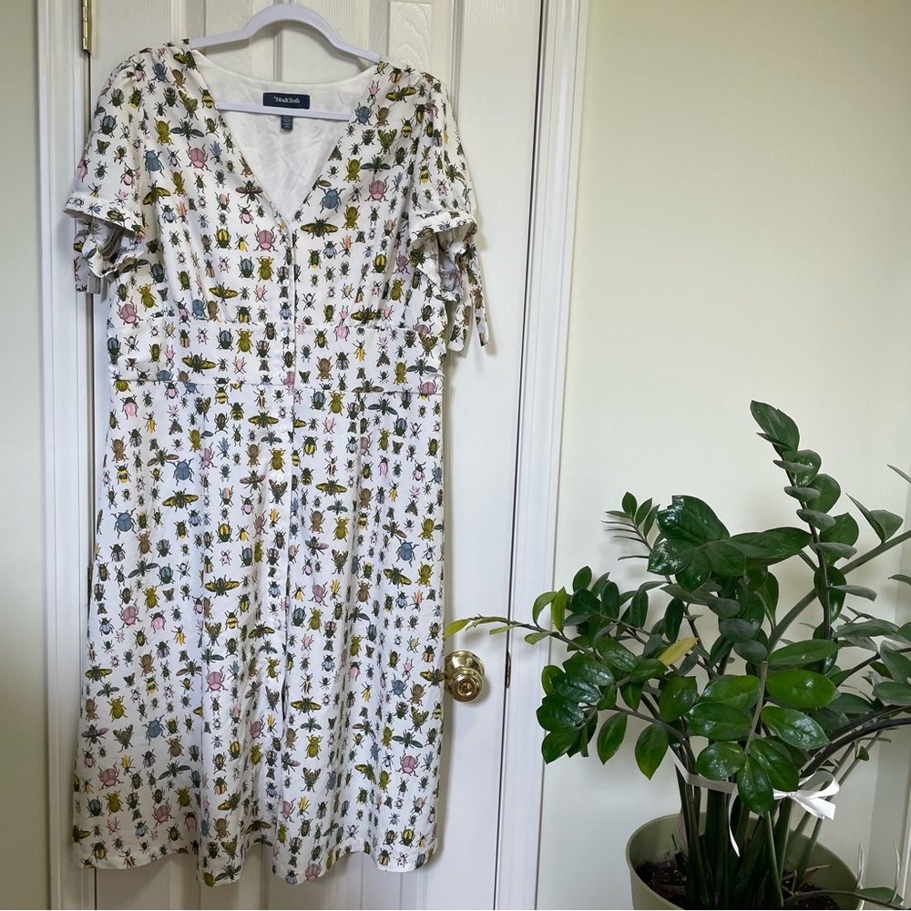 Insect Print White Button Up Dress, Goblincore